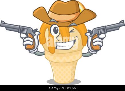 Süßer hübsches Cowboy aus orangefarbenem Eiscreme-Zeichentrickfigur mit Gewehren Stock Vektor
