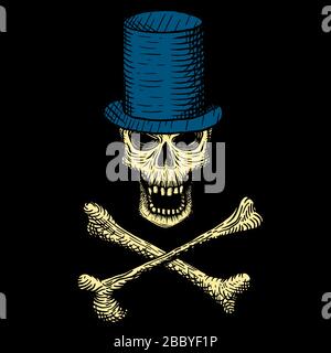 Handgezeichneter Schädel eines Toten in einem blauen Hut mit Kreuzbein auf schwarzem Grund. Vektorgrafiken. Stock Vektor