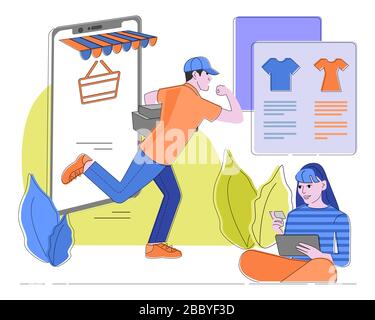 Modernes flaches Vektorabbildungskonzept - Mobile Shopping und Lieferung für Website und mobile App. Frau kauft online mit Smartphone, Lieferung Stock Vektor