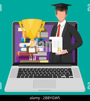 Notizbuch, Student, Stapel Buch. Online-Bildungskonzept. Fernunterricht. Online-Kurse, Studienverfahren. E-Learning, akademisches, schulische Kenntnisse, Bildung und Graduierung. Flache Vektorgrafiken Stock Vektor