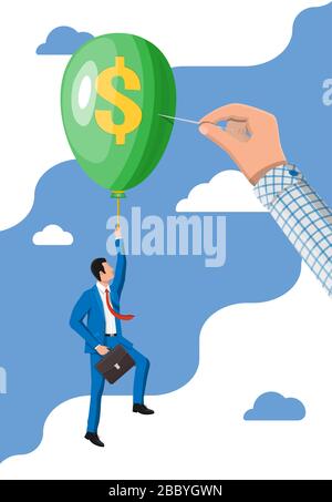 Geschäftsmann im Anzug mit Ballon und Hand mit Nadel fliegen. Konzept von Wirtschaftsproblemen oder Finanzkrise, Rezession, Inflation, Konkurs, Einkommensverlust, Kapitalverlust. Flache Vektorgrafiken Stock Vektor