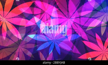 Cannabishintergrund. Vektorgrafiken von leuchtenden neonfarbenen abstrakten Cannabisblättern Stock Vektor