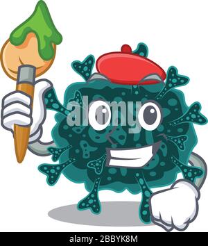 Ein kreativer Herdecovirus Künstler gestaltet den Lack mit Pinsel im Maskottchen-Stil Stock Vektor