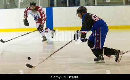 Die Eishockeymannschaft der CBP/EISHOCKEY besiegt die Eishockeymannschaft von Homeland Security mit 4-2 in der ersten Runde der World Police and Fire Games, die am 27. Juni 2015 in Reston Virginia ausgetragen wurde. Die Spiele locken über 10.000 Teilnehmer an den Wettbewerb. Stockfoto