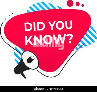 Wussten Sie, dass abstrakte Formabzeichen und Megafonlautsprecher mit flachem Design Vektorgrafiken auf weißem Hintergrund isoliert sind? Interessante Fakten oder Stock Vektor