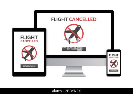 Desktop-Computer, Tablet und Smartphone isoliert auf weiß mit Flight Cancelled Concept auf dem Bildschirm. Digital generierte Geräte. Stockfoto