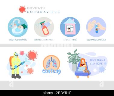 Symbol und Symbolsatz für die Prävention von Coronavirus, covid-19-Motivsammlung für Quarantäne Stock Vektor