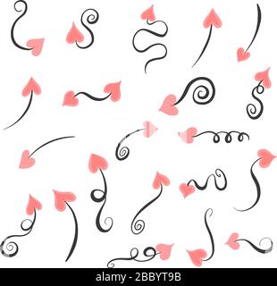 Sammlung von Swirl Drawn Love Arrows mit Pink Hearts Stock Vektor