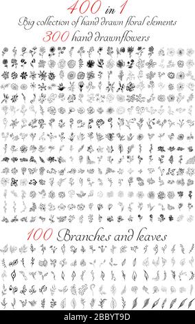 Riesige Kollektion mit 400 handgezeichneten Blumenelementen. Große Sammlung von 300 handgezeichneten Blumen und 100 Brunches und Blättern. Großes botanisches Blumenmuster Stock Vektor