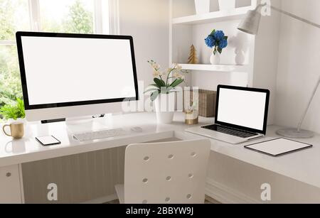Heimarbeit: Reaktionsschnelle Geräte auf Desktop-3D-Rendering Stockfoto