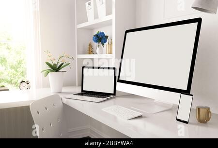 Reaktionsschnelle Geräte auf dem Home Desktop 3d-Rendering Stockfoto