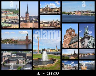 Stockholm, Schweden Reisefotos Collage. Collage umfasst wichtige Wahrzeichen wie Gamla Stan (Altstadt), Sodermalm-Insel und Parlament. Stockfoto