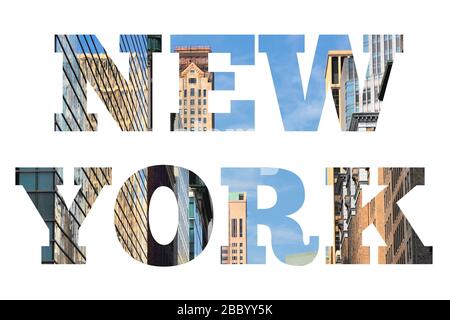 New Yorker Textschild - Stadtname mit Hintergrundfoto auf der Postkarte. Stockfoto