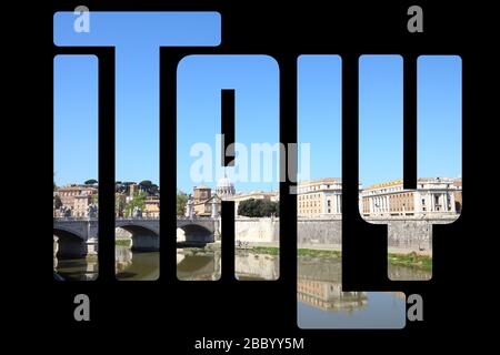 Italien - Länderzeichen mit Foto in Rom im Hintergrund. Isoliert auf Schwarz. Stockfoto