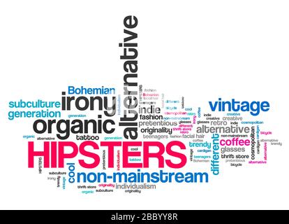 Hipster - zeitgemäße Alternative Kultur. Non-Mainstream lifestyle Wort Collage. Stockfoto