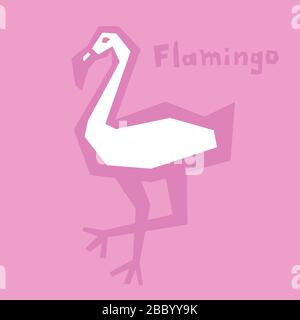 Flamingo-Papier geschnitten. Brutaler, moderner Stil. Abstrakte Silhouette auf pinkfarbenem Hintergrund mit Text. Interaktive Karte zum Erlernen des englischen Alphabets. Weißes Symbol Stock Vektor
