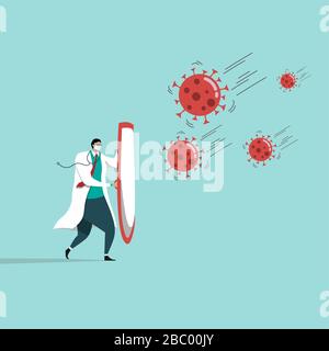 Stoppen Sie den COVID-19-Ausbruch aus Coronavirus. Arzt mit einer hygienischen Maske mit Stethoskop, das Schutzschild zum Schutz vor Coronavirus COVID-19 hält Stock Vektor