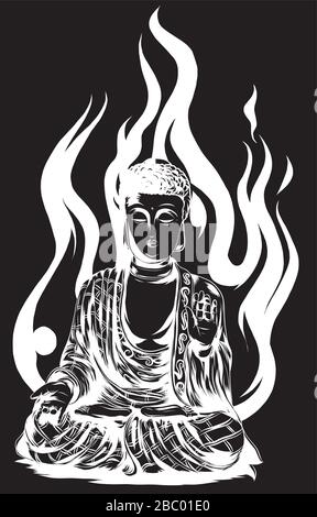 Statue des Buddha, der in lotus-position im schwarzen Hintergrund sitzt Stock Vektor