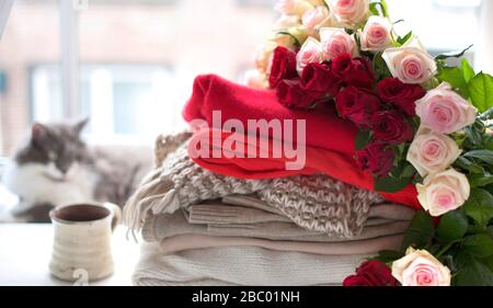 Ein Stapel Strickpullover und ein Blumenstrauß aus roten und weißen Rosen in der Nähe des Fensters. Home Komfort, warme Kleidung, ein schöner Katz- und Teebecher. Das Konzept der Geschenke und Überraschungen. Banner. Weicher Fokus Stockfoto