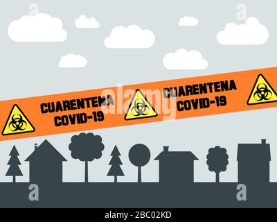 Covid-19 kleine Stadt Quarantäne. Stadtsperrung aufgrund einer Coronavirus-Pandemie. Viruswarnzeichen in spanischer Sprache (Cuarentena Covid-19). Stock Vektor