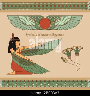 Symbole des alten Ägypten mit einer Illustration einer Frau mit Flügeln, lotus und anderen Symbolen Stock Vektor