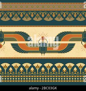 Symbole des alten Ägypten mit einer Illustration einer Frau mit Flügeln, lotus, horizontalem nahtlosem Muster und anderen Symbolen Stock Vektor