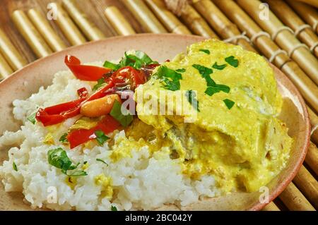 Goan Cod Curry, an der Westküste Indiens gelegen, regionale Küche, bekannt für Meeresfrüchte und Kokosmilch Stockfoto