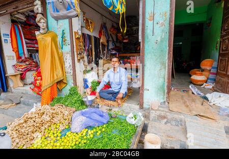 Ladenbesitzer, der in der Tür eines kleinen Geschäftes sitzt, das Gemüse verkauft, Straßenszene im Distrikt Mahipalpur, einem Vorort in Neu-Delhi, Indien Stockfoto