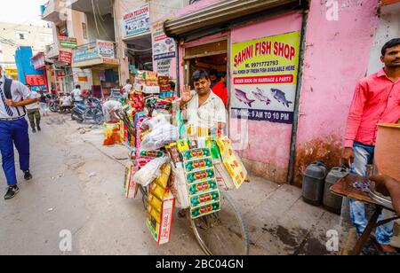 Freundlicher lokaler Mann, der mit dem Fahrrad verkauft: Straßenszene im Distrikt Mahipalpur, einem Vorort in der Nähe des Flughafens von Delhi in Neu-Delhi, der Hauptstadt Indiens Stockfoto