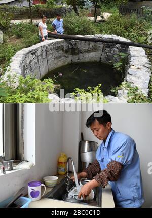 (200402) -- NANNING, 2. April 2020 (Xinhua) -- Combo-Foto zeigt den Dorfbewohner Yuan Chaoqiang und seine Frau, die den Brunnen, in dem sie Wasser zum Trinken genommen haben, betrachten (oben), Und Yuan, der die Gerichte mit Leitungswasser in seinem neuen Haus in einem armutsarmen Umsiedlungsort (unten) in der Xiaao Township des Autonomen Kreises Du'an Yao, Südchina autonomes Gebiet Guangxi Zhuang, am 12. Oktober 2017 anführt. Die Autonome Region Guangxi Zhuang, eine Schlüsselregion in Chinas Anti-Armut-Bemühungen, hat dazu geführt, dass etwa 710.000 Menschen, die während der 13. Fünfjährigen Planungsperiode aus unwirtlichen Gebieten umgesiedelt wurden, identifiziert und Akten eingerichtet wurden Stockfoto