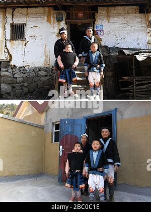(200402) -- NANNING, 2. April 2020 (Xinhua) -- Combo-Foto zeigt den Dorfbewohner Wei Jinlin (R, Back) und seine Familie, die am 11. Januar 2018 an der Tür ihres ehemaligen Wohnsitzes steht (TOP), Und die Familie Wei posiert für ein Foto vor der Tür ihres neuen Hauses in einem Umzugsort zur Armutsbekämpfung am 5. Februar 2018 (unten) im Landkreis Nandan, Südchina im Autonomen Gebiet Guangxi Zhuang. Die Autonome Region Guangxi Zhuang, eine Schlüsselregion in Chinas Bemühungen zur Armutsbekämpfung, hat dazu geführt, dass etwa 710.000 Menschen, die während des 13. Fünfjahresplanzeitraums aus unwirtlichen Gebieten umgesiedelt wurden (201 Stockfoto