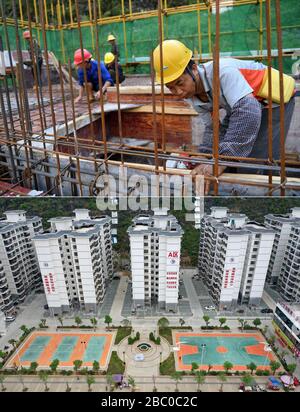 (200402) -- NANNING, 2. April 2020 (Xinhua) -- Combo-Foto zeigt Arbeiter, die am 25. Juli 2016 einen Standort zur Verlagerung der Armutsbekämpfung errichten (oben), und einen Luftbild des gleichen Umsiedlungsortes, der am 16. Oktober 2019 (unten) in Du'an Yao Autonomous County, Südchinas Autonomes Guangxi Zhuang Region aufgenommen wurde. Die Autonome Region Guangxi Zhuang, eine Schlüsselregion in Chinas Anti-Armut-Bemühungen, hat dazu geführt, dass etwa 710.000 Menschen, die während der 13. Fünfjährigen Planungsperiode (2016-2020) aus unwirtlichen Gebieten umgesiedelt wurden, als Schlüsselkampf gegen Armut identifiziert und Akten eingerichtet wurden. Das Umzugsprogramm wurde durchgeführt Stockfoto