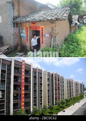 (200402) -- NANNING, 2. April 2020 (Xinhua) -- Combo-Foto zeigt den Dorfbewohner Yang Jinsheng, der seinen ehemaligen Wohnsitz am 24. August 2018 betrachtet (oben, Dateifoto), und einen Blick auf einen Standort zur Armutsbekämpfung, an dem der Dorfbewohner Yang Jinsheng am 14. August 2019 (unten, Foto von Cao Yiming) im Xingye County im Süden Chinas Guangxi Zhuang Autonome Region lebt. Die Autonome Region Guangxi Zhuang, eine Schlüsselregion in Chinas Anti-Armut-Bemühungen, hat dazu geführt, dass etwa 710.000 Menschen, die während der 13. Fünfjährigen Planungsperiode (2016-2020) aus unwirtlichen Gebieten umgesiedelt wurden, als eine der wichtigsten Fledermäusen identifiziert und Akten eingerichtet wurden Stockfoto