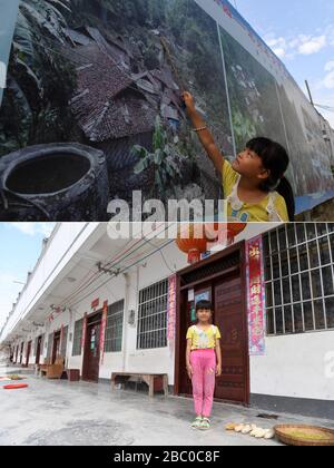 (200402) -- NANNING, 2. April 2020 (Xinhua) -- Combo-Foto zeigt den Dorfbewohner Yu Xiaodie mit einem Stock auf das Bild ihres ehemaligen Wohnsitzes auf einer Tafel (oben), Und Yu, das vor ihrem neuen Haus an einem Ort der Armutsbekämpfung (unten) in der Sanzhiyang Township des Autonomen Kreises Du'an Yao, im Süden Chinas Autonomes Gebiet Guangxi Zhuang, am 16. Oktober 2019 steht. Die Autonome Region Guangxi Zhuang, eine Schlüsselregion in Chinas Anti-Armut-Bemühungen, hat dazu geführt, dass etwa 710.000 Menschen, die während der 13. Fünfjährigen Planungsperiode aus unwirtlichen Gebieten umgesiedelt wurden (2 Stockfoto