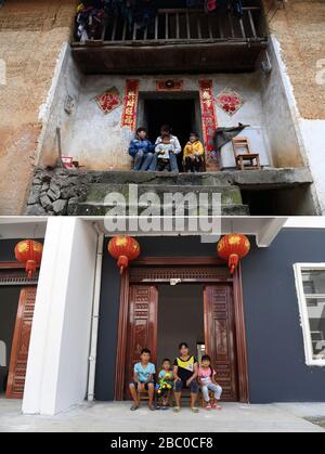 (200402) -- NANNING, 2. April 2020 (Xinhua) -- Combo-Foto zeigt den Dorfbewohner Zhang Meixiang (C) und ihre Kinder, die am 9. Februar 2017 vor der Tür ihres ehemaligen Wohnsitzes sitzen (TOP), Und Zhang (2. R) und ihre Kinder, die am 26. Juli 2017 (unten) in der Xiaao Township des Autonomen Kreises Du'an Yao, Südchina Guangxi Zhuang, vor der Tür ihres neuen Hauses in einem Umsiedlungsort zur Armutsbekämpfung sitzen. Die Autonome Region Guangxi Zhuang, eine Schlüsselregion in Chinas Bemühungen zur Armutsbekämpfung, hat dazu geführt, dass etwa 710.000 Menschen, die aus unwirtlichen Gebieten umgesiedelt wurden, während Dateien identifiziert und eingerichtet wurden Stockfoto