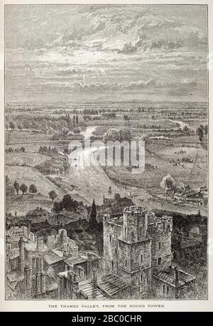 Antike Gravur von Windsor Castle und der Themse, vom Rundturm aus gesehen Stockfoto