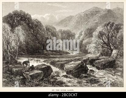 Antike Gravur aus dem 19. Jahrhundert von zwei Männern, die auf dem Fluss Lledr (Afon Llledr) in Nordwales angeln Stockfoto