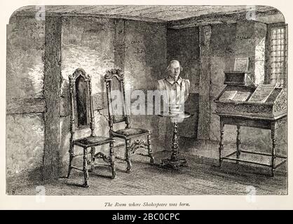 Antike Gravur des 19. Jahrhunderts des Raumes, in dem William Shakespeare im Familienhaus in der Henley Street, Stratford-upon-Avon, Warwickshire, geboren wurde Stockfoto
