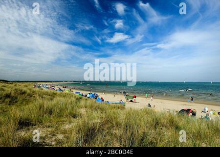 Heißer Sommertag am Knoll Beach in der Studland Bay, direkt vor dem Hafen von Poole in Dorset, Großbritannien Stockfoto