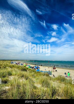 Heißer Sommertag am Knoll Beach in der Studland Bay, direkt vor dem Hafen von Poole in Dorset, Großbritannien Stockfoto