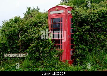 Verlassene rote Telefonbox in der Whitecliff Road am Stadtrand von Swanage, Insel Purbeck, Dorset, Großbritannien Stockfoto