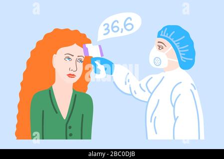 Coronavirus Kovid-2019 Prävention - weiblicher Arzt in medizinischer Maske und Schutzanzug misst die Temperatur Stock Vektor