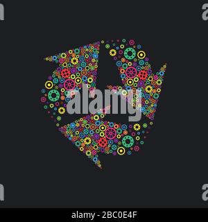 Drei mechanische Pfeile aus bunten Zahnrädern und Rädern. Kreisprozess. Recycling-Symbol. Isoliert auf Schwarz. Symbol für neue kreative Technologien. Öko B. Stock Vektor