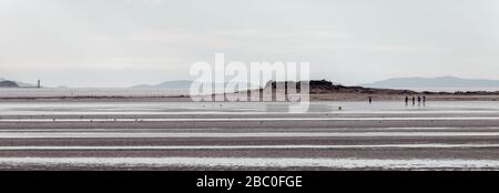 Little Eye Island bei Ebbe, die kleinste der Hilbre Islands, mit dem Punkt des Ayr Leuchtturm in Nordwales in der Ferne sichtbar. Stockfoto