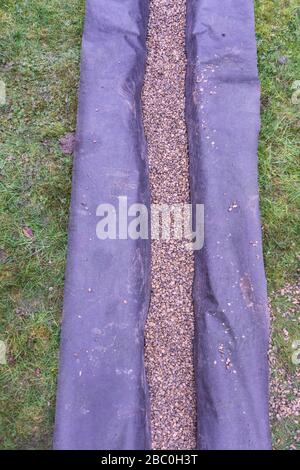 Installation eines Ablaufgrabens in einem Gartenrasen, Stockfoto