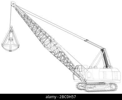 Wanderdragline, Mobile Baggermaschine für den offenen Bergbau. Die Ebenen der sichtbaren und unsichtbaren Linien werden getrennt. Drahtrahmen. Stock Vektor