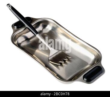 Edelstahlgabel und -Gericht aus "Lion" aus Edelstahl, hergestellt von Hackman aus Finnland, entworfen von Silberschmied und Designer Bertel Gardberg im Jahr 1958. Stockfoto