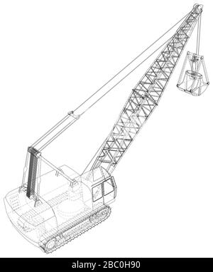 Dragline-Bagger. Isolierter Vektor für Baumaschinen. Schweres Gerätefahrzeug. Die Ebenen der sichtbaren und unsichtbaren Linien werden getrennt. Drahtfrae Stock Vektor