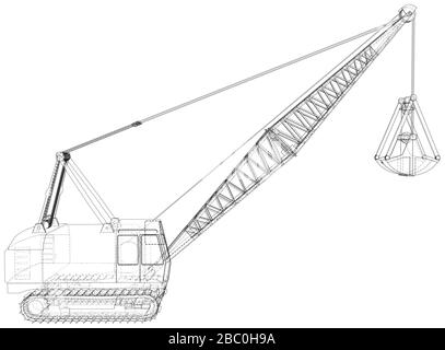Dragline-Walking-Bagger. Vektordarstellung von 3d. Drahtmodell. Die Ebenen der sichtbaren und unsichtbaren Linien werden getrennt. Stock Vektor