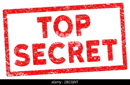 Top-Secret-Nachricht von einer 3D-Abbildung mit rotem Gummi-Tintenstempel auf weißem Hintergrund Stockfoto